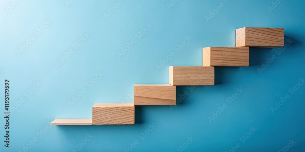 Poster ascending wooden blocks on a blue background a conceptual image of growth and progress