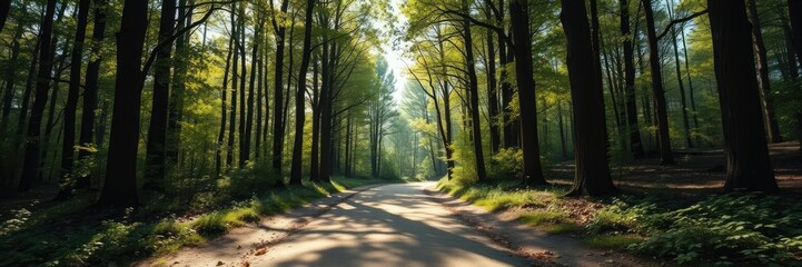 Fototapeta premium A dirt road leads through a sun-dappled forest glade with tall trees and a carpet of leaves, rural countryside, outdoor landscape, dirt road