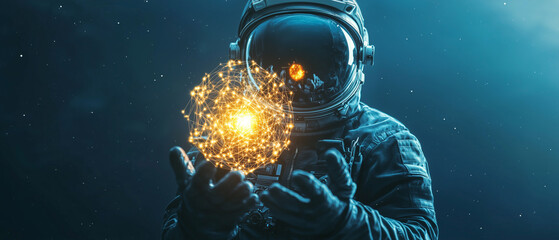 astronaut floating in space holds glowing map of constellations, surrounded by stars. scene captures wonder and mystery of space exploration