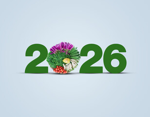 Vegan day new year concept. Vegetarian day with various vegetable concepts. World diabetes day. Vegetables for a healthy life. 2026 lettering typography isolated with various vegetables.