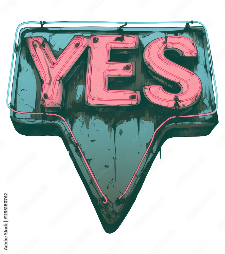 Poster vibrant neon sign displaying word yes with retro design and glowing pink and blue colors, isolated o