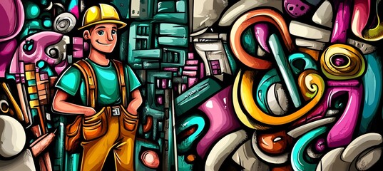 Naklejka premium Happy construction worker amidst colorful doodle art.