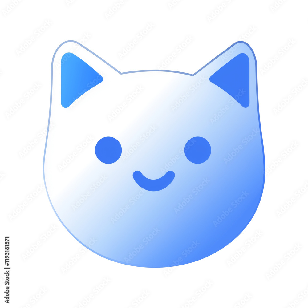 Poster cute blue cat face icon with smiling expression, featuring simple geometric shapes and glossy finish