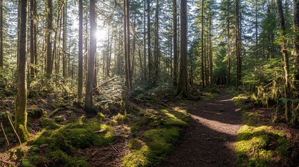 Fototapeta premium Sunlit forest path with moss covered ground.