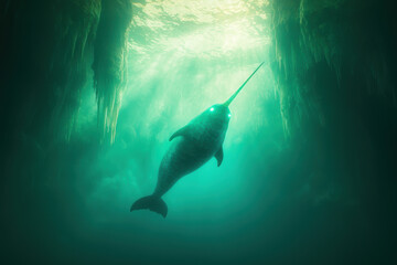 Obraz premium Majestic narwhal swimming in serene underwater environment, glowing tusks