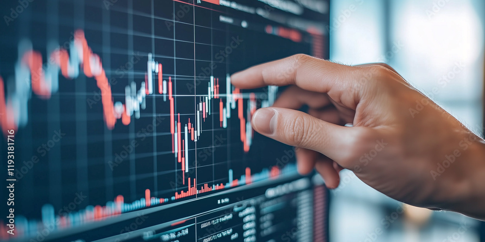 Poster hand adjusting financial chart on touchscreen, showing fluctuating data in modern office setting, in
