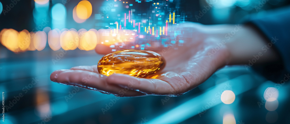 Poster hand holds glowing amber object with holographic financial graph above it, symbolizing technology an