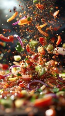 Vibrant salsa ingredients flying kitchen food dynamic close-up flavor explosion