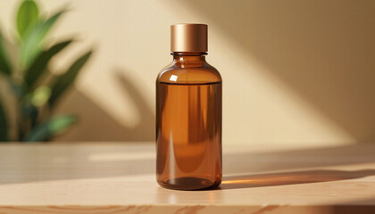 Fototapeta premium Mocap. Amber glass bottle with liquid on wooden table
