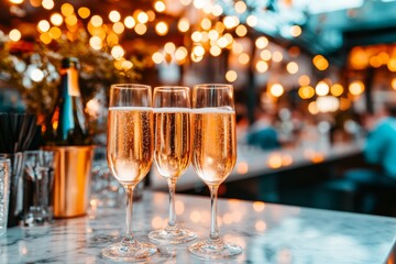 A champagne toast in a private VIP section, with glittering lights and a lively party atmosphere in the background