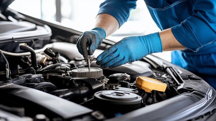 Mechanic's hands repairing a car engine.