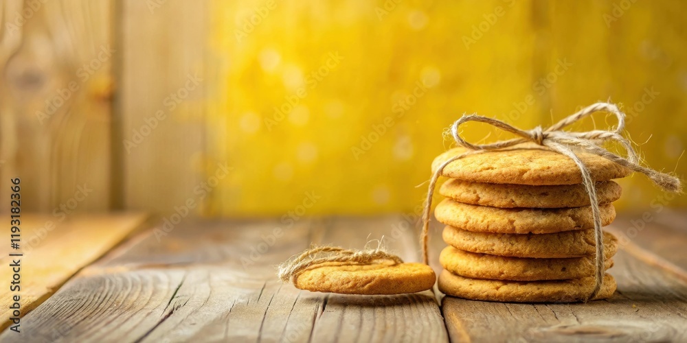 Poster a stack of golden brown cookies tied with twine on a rustic wooden surface against a blurred yellow 