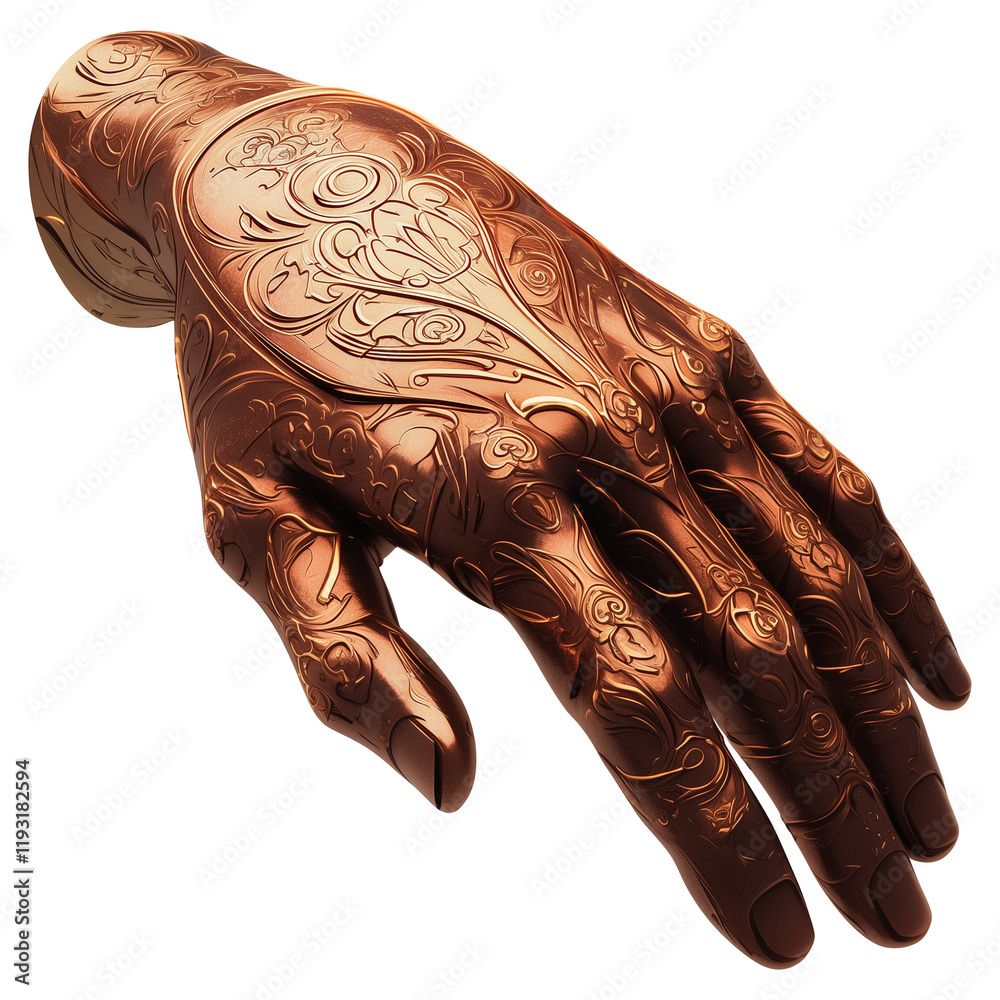 Poster copper hand with intricate embossed patterns is isolated on transparency background, showcasing detailed craftsmanship and artistic design