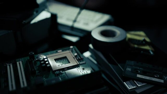 In a dimly lit workspace, a vintage computer motherboard sits among cassette tapes and various tools. The setting captures nostalgia and the essence of early technology.