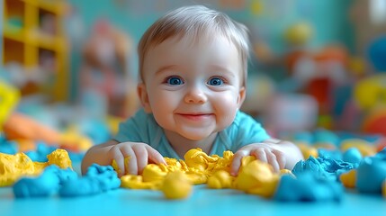 Fototapeta premium Capturing the Joyful Process of a Baby Boy's Hands Molding Colorful Modeling Clay on a Light Blue Table, Highlighting Developmental Milestones and Creativity