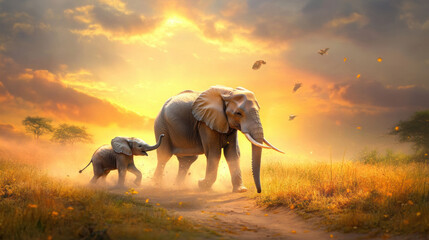 Naklejka premium Majestic elephants walking in golden sunset light