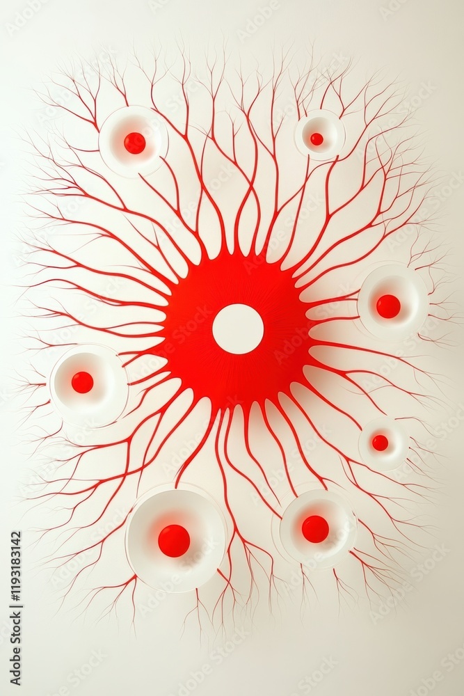 Poster artistic interpretation of neurons with red and white colors, creating a vibrant and dynamic visual 