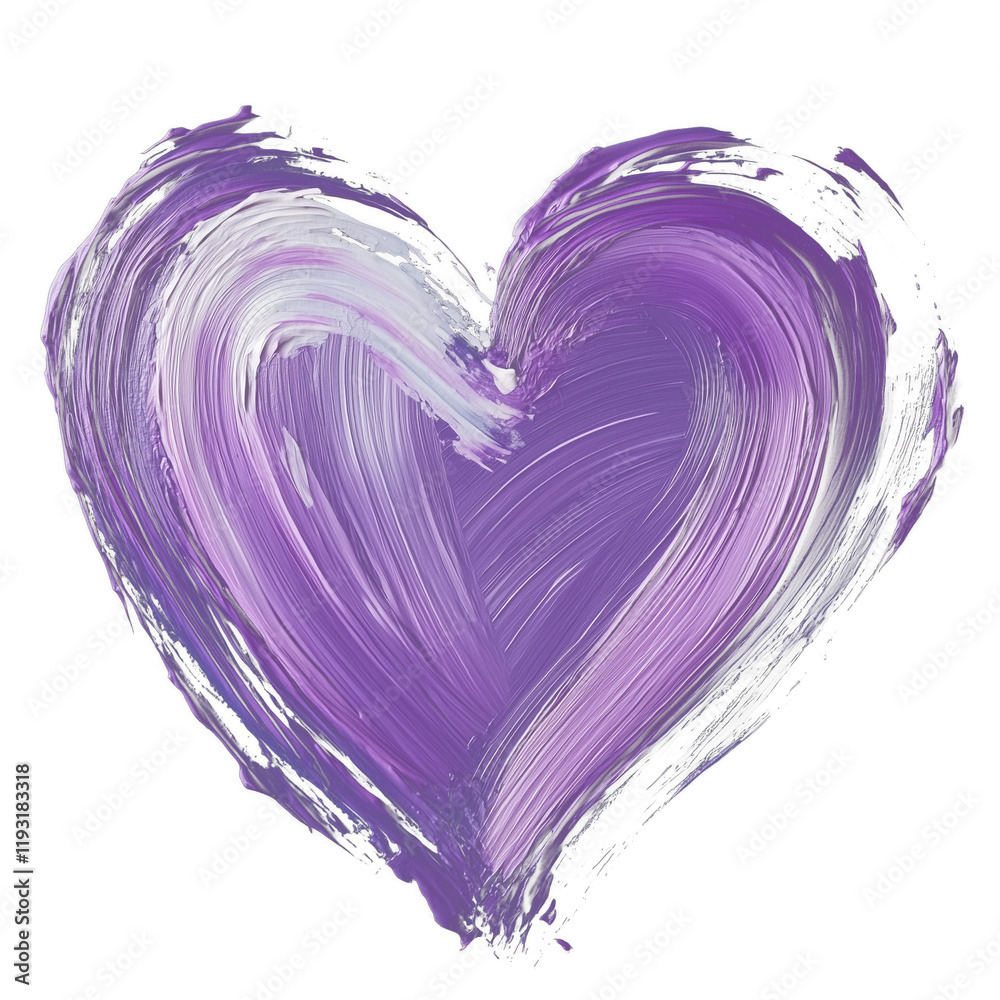 Poster deep purple heart with bold textured strokes, isolated on transparency background, conveys sense of 