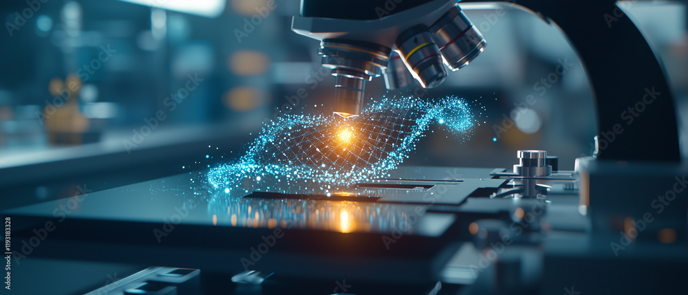 Aufkleber glowing DNA hologram under microscope in laboratory setting, showcasing advanced technology and scientific innovation. dynamic camera angle highlights intricate details of holographic display