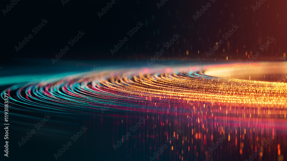 Poster dynamic low camera angle captures glowing fiber optic cables, creating vibrant and futuristic scene 