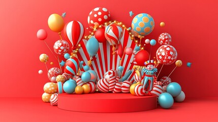 Festive circus scene with balloons, a clown, and a red stage.