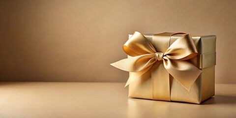 A Luxurious Gold Gift Box with a Delicate Satin Ribbon Bow on a Neutral Background