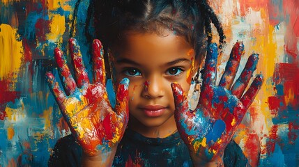 Obraz premium A Canvas of Joy: Young Girl Covered in Colorful Paints Celebrating Creativity and Childhood