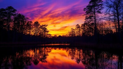 Obraz premium Vibrant sunset over calm lake reflecting fiery colors in the sky, silhouetted trees.