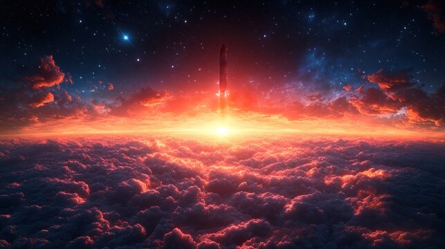 Rocket launching through sunset cloudscape, starry night background