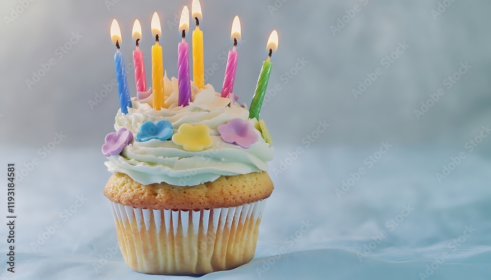 Fototapete a charming cupcake tower with colorful candles and frosting isolated on a soft blue backdrop