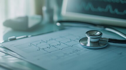 Stethoscope rests on electrocardiogram report.