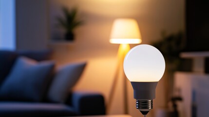 A contemporary smart light bulb with adjustable colors and voice control in a stylish living room, representing modern home lighting solutions and tech integration, Living room scene
