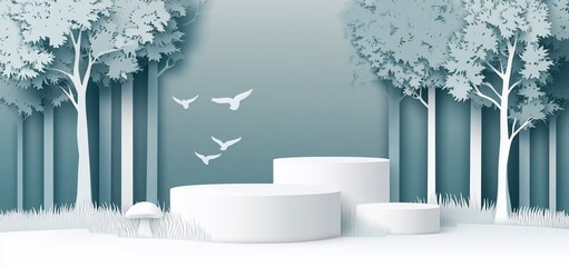 White podiums in a paper-cut forest scene with birds.