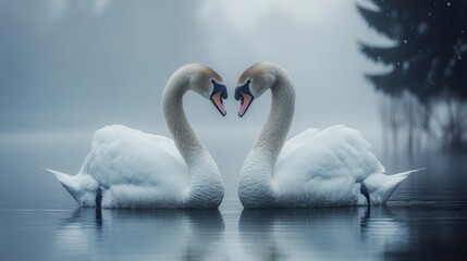 Fototapeta premium Romantic swan couple in serene foggy lake reflection