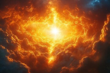 a radiant celestial figure emerges from swirling dark clouds, arms outstretched in reverence, as a brilliant light shines above, symbolizing hope and divine presence amidst turmoil