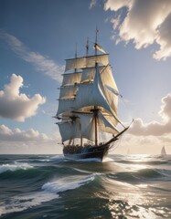 A barco is seen in the distance on the horizon, its white sails billowing in the wind as it approaches the shore, maritime, vessel