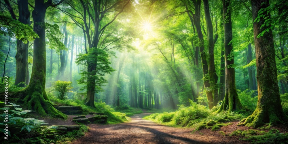 Poster sunlit path through a mystical, moss-covered forest with sunlight streaming through the canopy