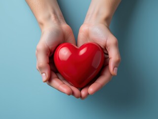 Fototapeta premium Loving Hands Gently Holding a Shiny Red Heart Symbol of Care Compassion and Love