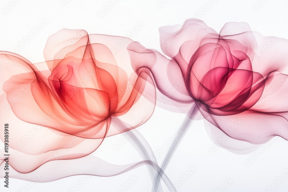 Poster a clean line art depiction of two intertwined roses, drawn with soft gradients in pink and red tones