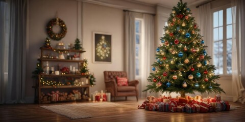 A beautiful and colorful Christmas tree decorated with ornaments and lights, joyful, ornaments