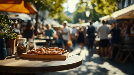 Fototapeta premium Outdoor cafe table with pretzels, blurred bustling market background.