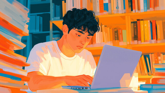 Unique impressionist illustration of young man working on laptop, pile of books
