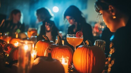 Fototapeta premium Halloween party with carved pumpkins, candles, and cocktails.