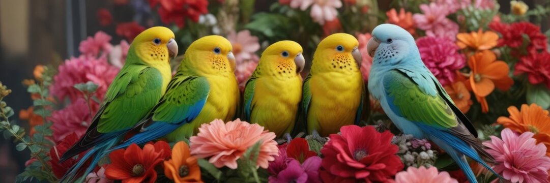 a group of brightly colored parakeets snuggled up against each other on a vibrant floral arrangement, colorful plumage, flower-draped branch, vibrant blossoms