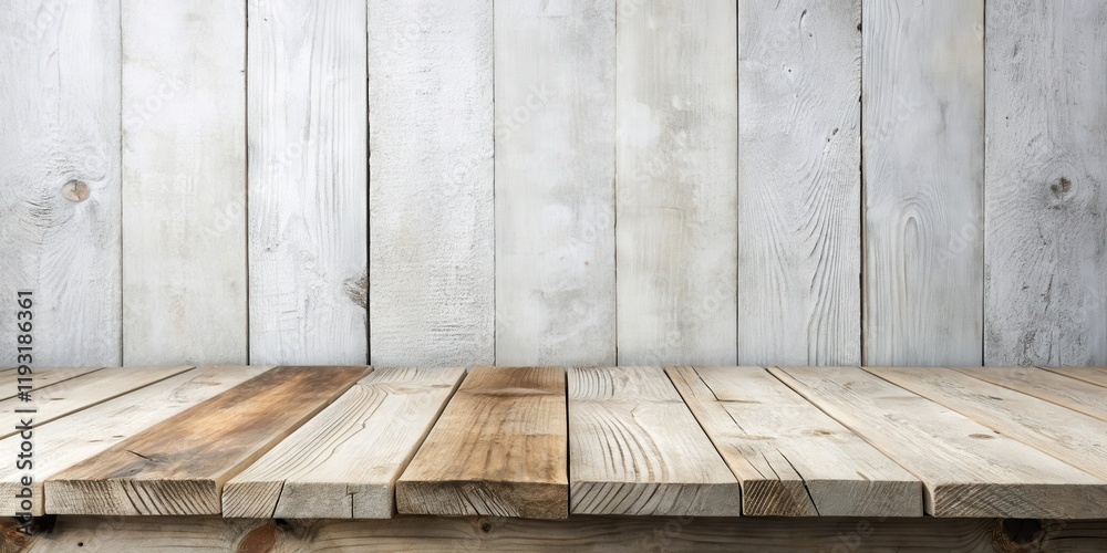 Poster rustic wooden table top with weathered white wood background ideal for product display or design moc
