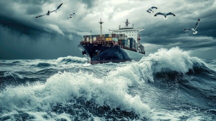 A cargo ship leaving the harbor, with seagulls flying overhead and waves crashing against the hull