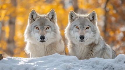 Obraz premium Two arctic wolves posing in snowy autumn forest.