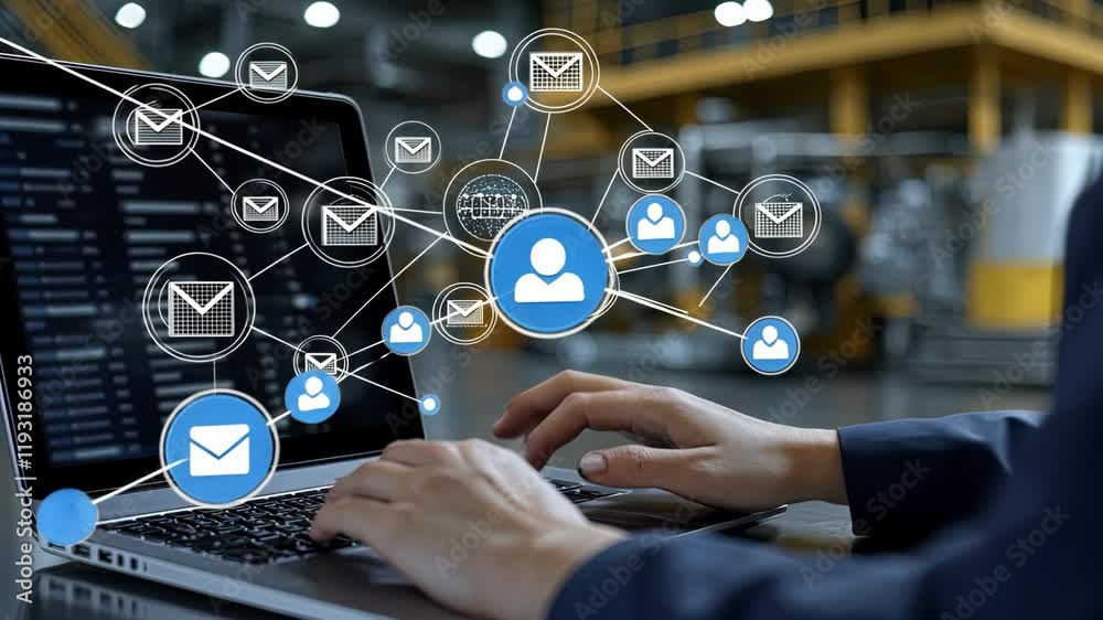Poster focused on a professional engaging in digital communication, emphasizing the connection between tech