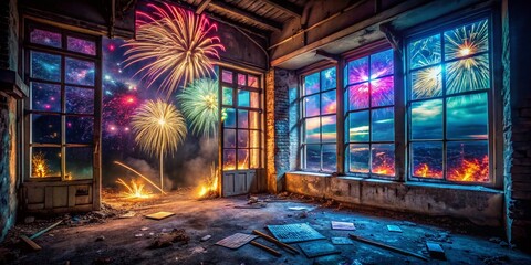 Obraz premium Abandoned Building 4th of July Fireworks - Urban Exploration Stock Photo