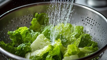 Washing Fresh Green Lettuce in Colander